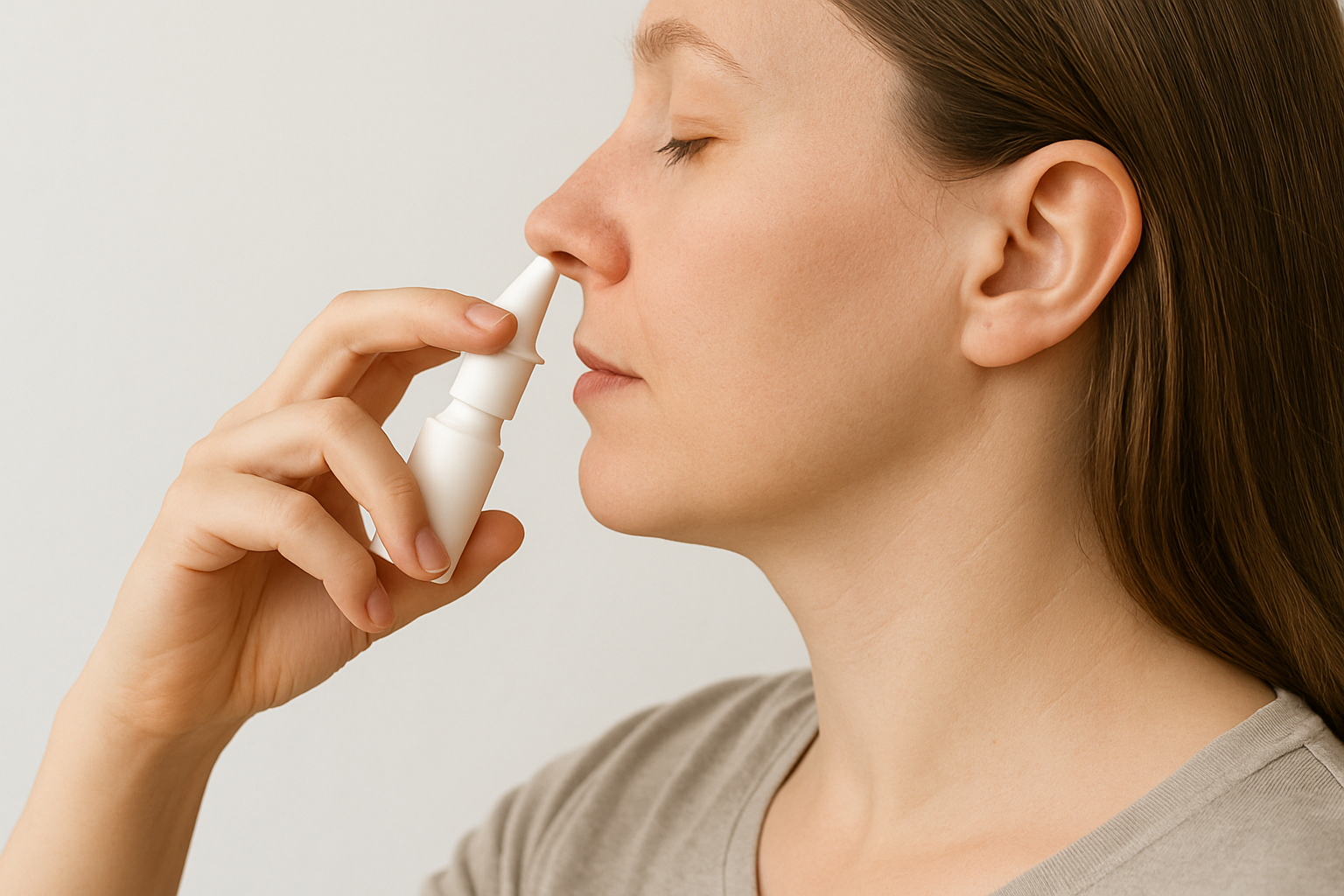 Afbeelding van een persoon met neusspray. Beeld gemaakt door AI.