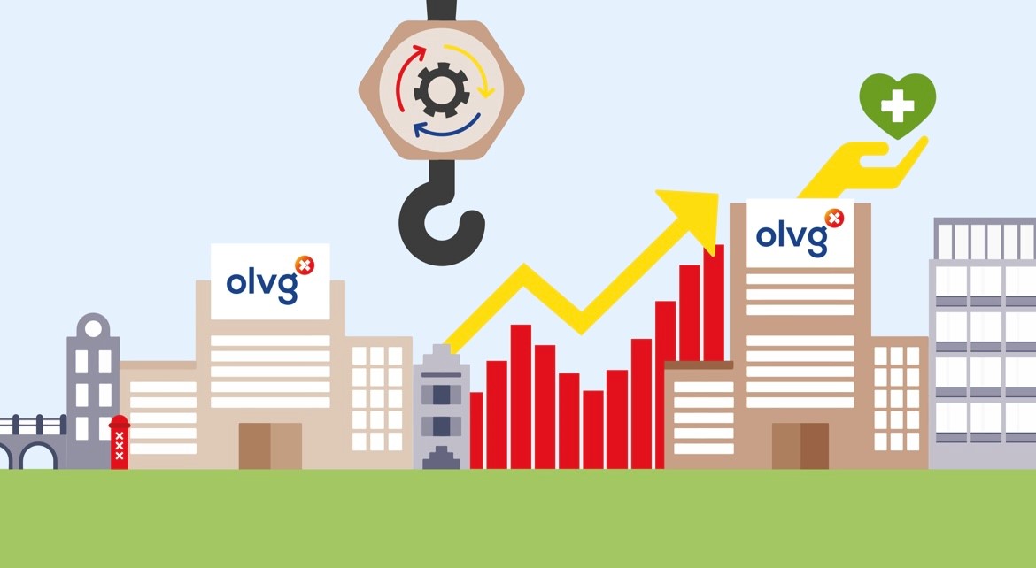 Illustratie van hijskraan en de gebouwen van OLVG locatie Oost en West