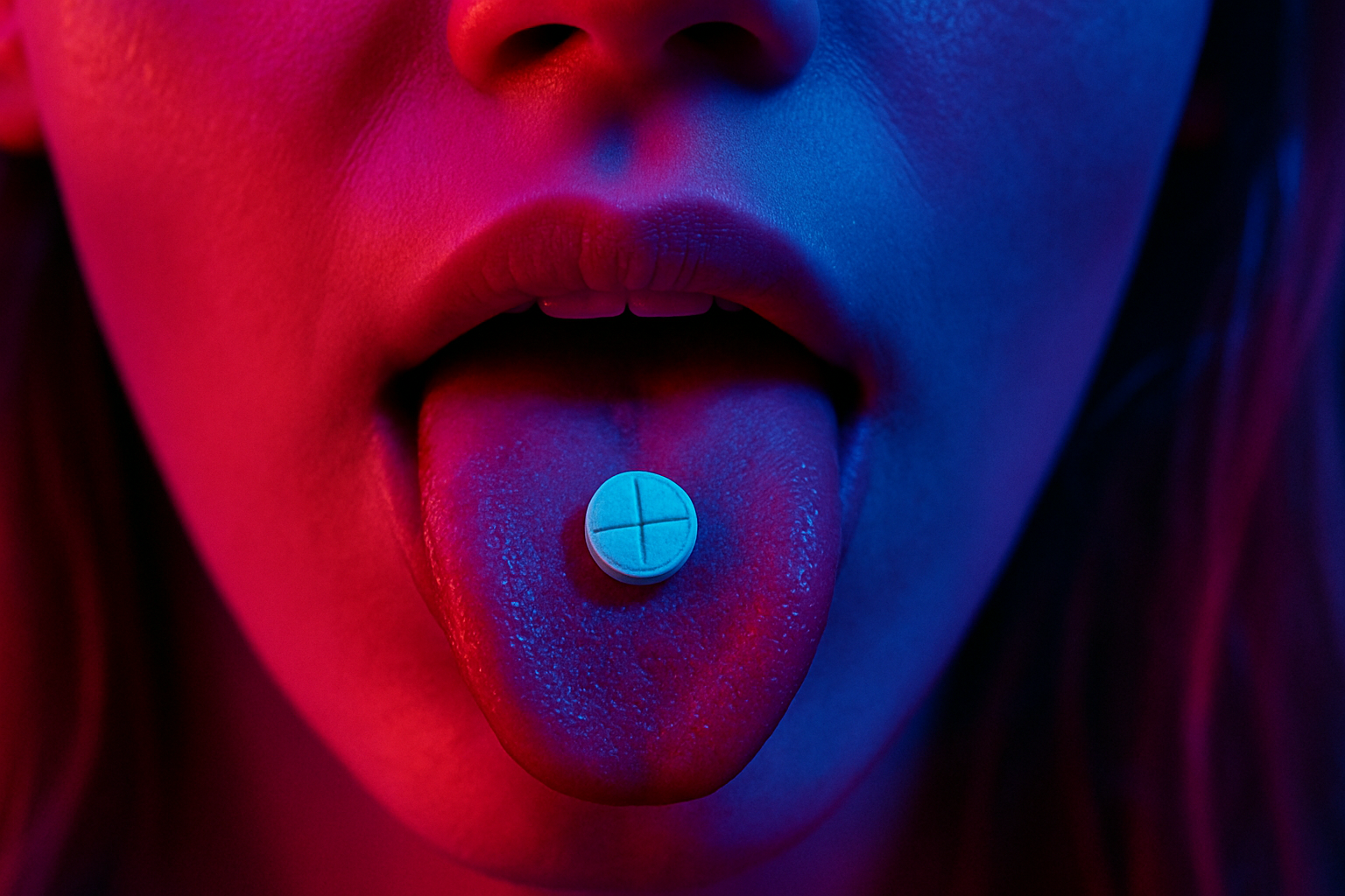 Afbeelding van een tong met een pil erop. Beeld gemaakt door AI.