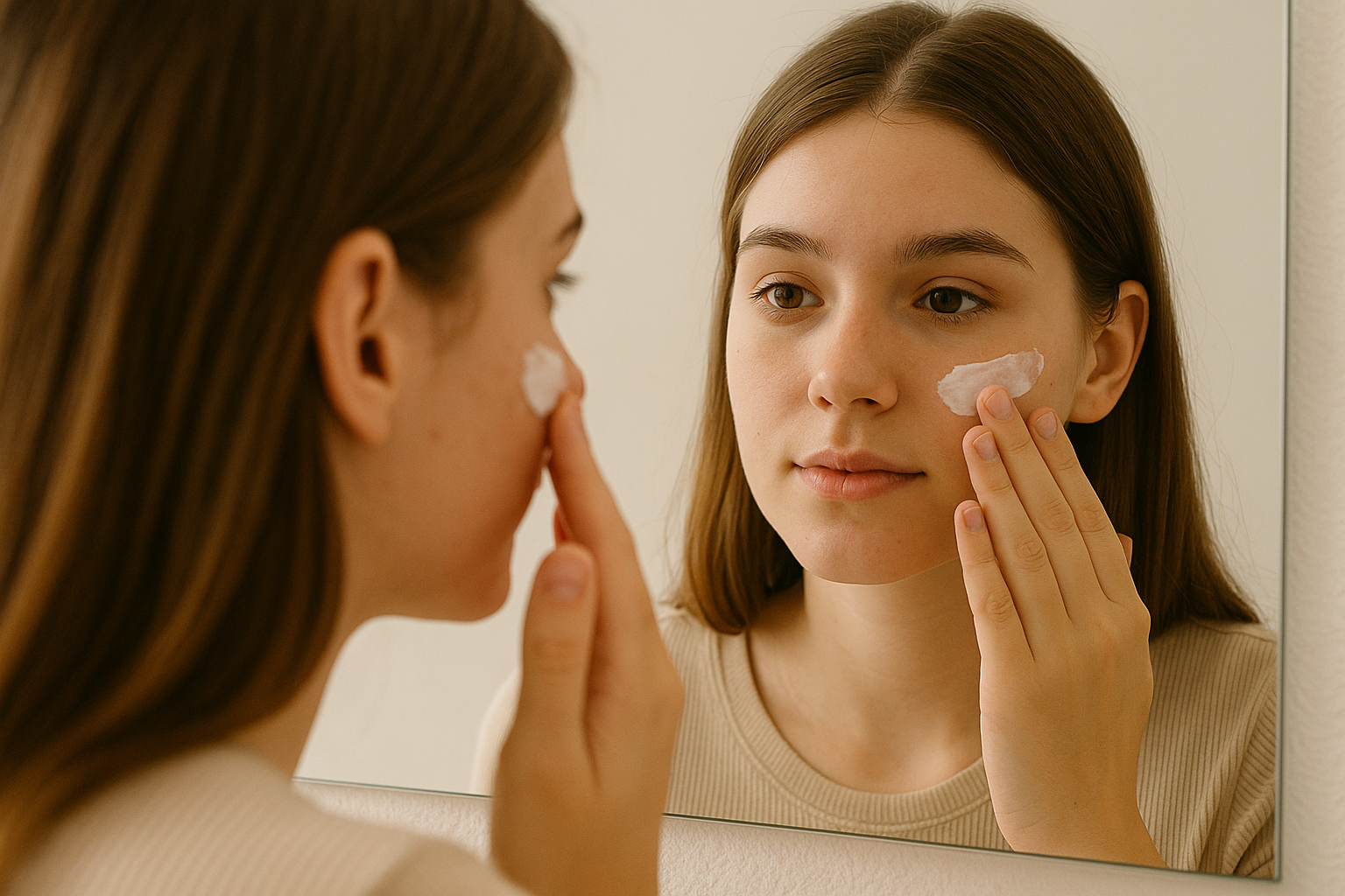 Afbeelding van een meisje dat een creme opdoet. Beeld gemaakt door AI.