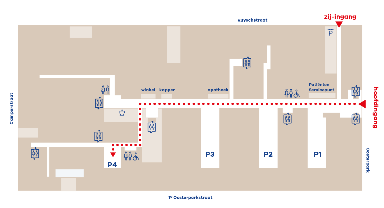 Plattegrond van OLVG, locatie Oost naar P4